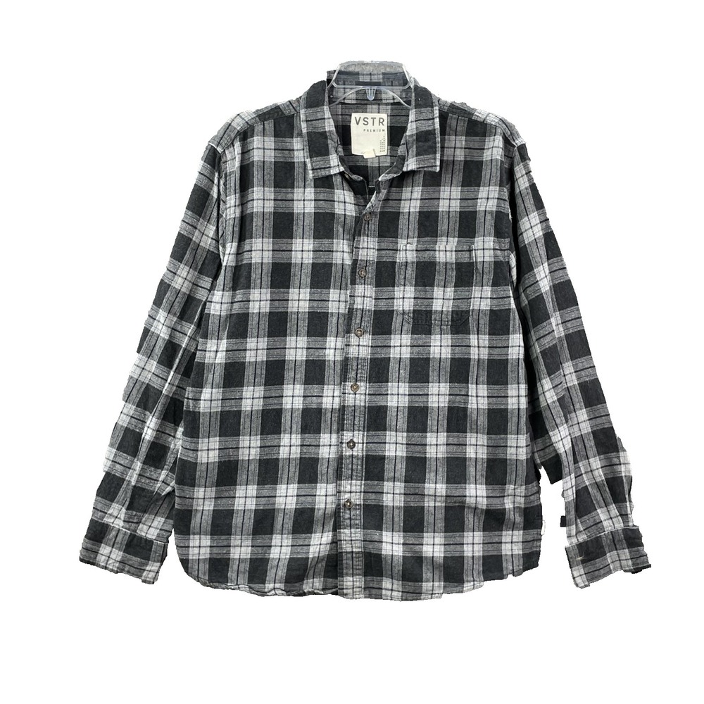 VSTR Premium Flannel Shirt Men Large Black Plaid Cotton Button Up Hiking Outdoor